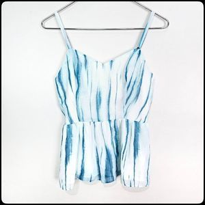 GUESS Baby Blue White Marbled Tie Dye Sweetheart Smocked Peplum Top Size: Med